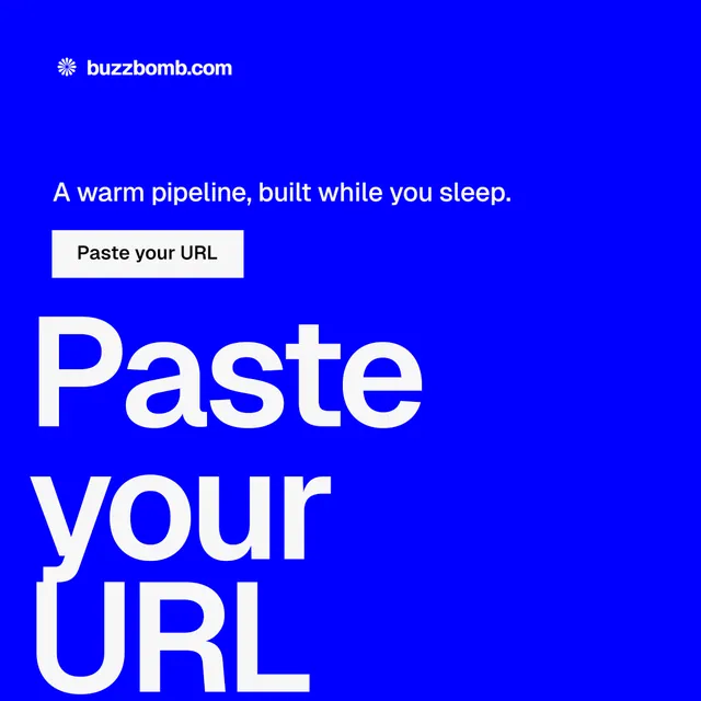 Instagram post for BuzzBomb: "Paste your URL." Split block style, oversized layout, dark palette in blue, white.