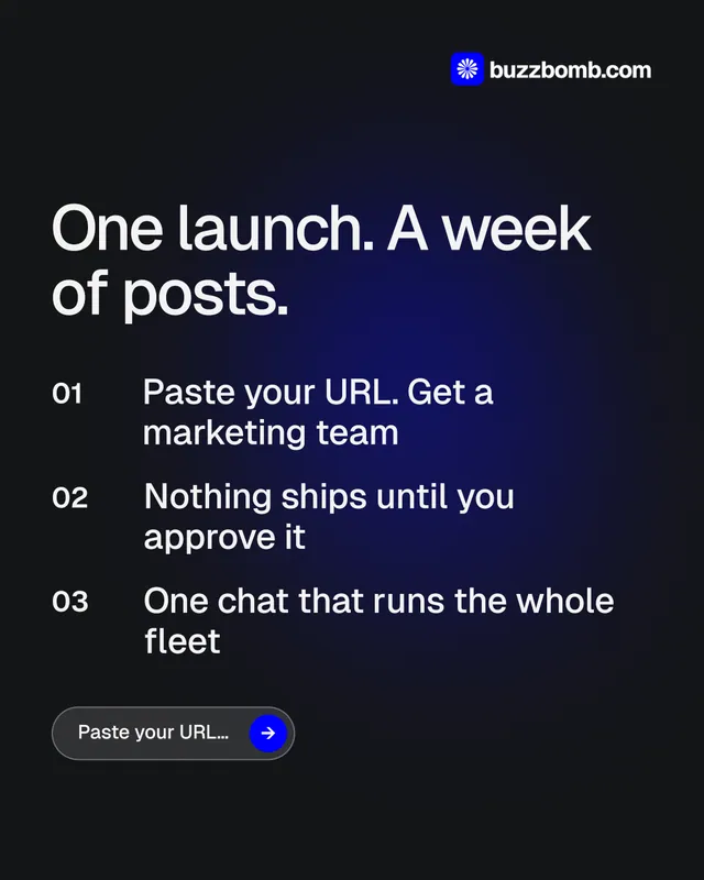 Instagram portrait post for BuzzBomb: "One launch. A week of posts." Agentic glass style, numbered layout, dark palette in black, blue, grey.