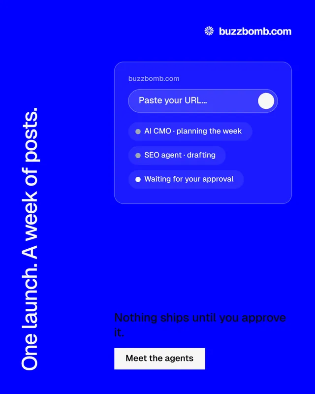 Instagram portrait post for BuzzBomb: "One launch. A week of posts." Split block style, vertical layout, dark palette in blue.