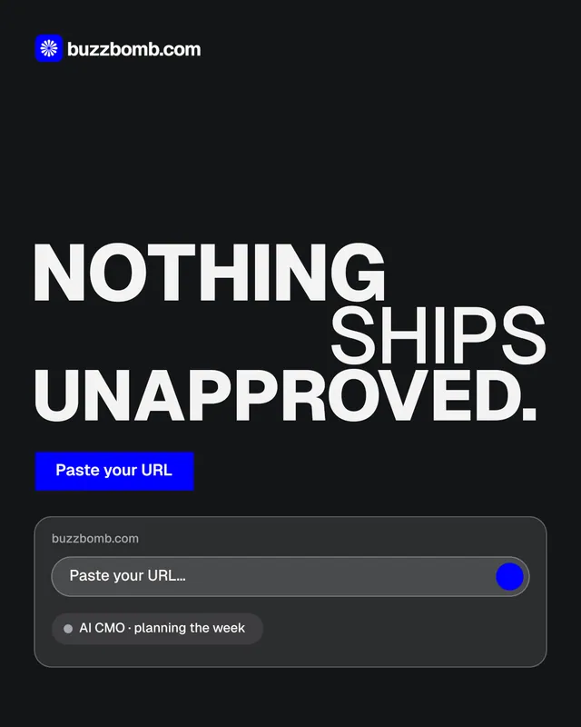 Instagram portrait post for BuzzBomb: "Nothing ships unapproved." Brutalist style, stacked layout, dark palette in black, grey.