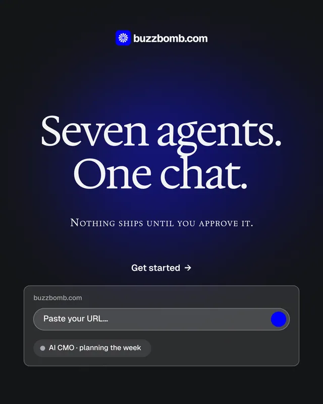 Instagram portrait post for BuzzBomb: "Seven agents. One chat." Agentic glass style, smallcaps layout, dark palette in black, blue, grey.