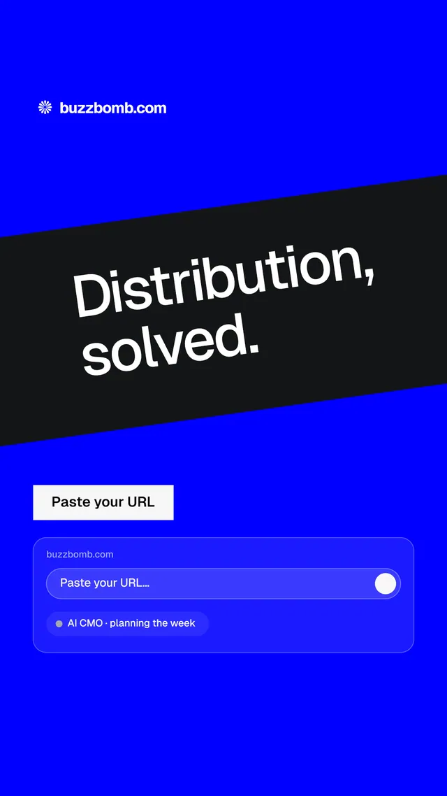 Instagram story for BuzzBomb: "Distribution, solved." Split block style, diagonal layout, dark palette in blue.