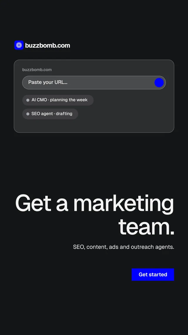 Instagram story for BuzzBomb: "Get a marketing team." Swiss style, right layout, dark palette in black.