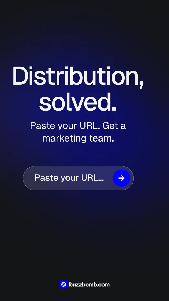 Instagram story for BuzzBomb: "Distribution, solved." Agentic glass style, skeleton layout, dark palette in blue, black.