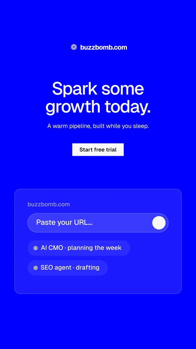 Instagram story for BuzzBomb: "Spark some growth today." Split block style, centred layout, dark palette in blue.