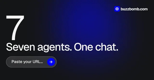 Social ad for BuzzBomb: "Distribution, solved." Agentic glass style, stat layout, dark palette in black, blue, grey.