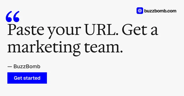 Social ad for BuzzBomb: "Get a marketing team." Swiss style, quote layout, light palette in white, blue, grey.