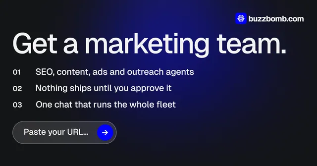 Social ad for BuzzBomb: "Get a marketing team." Agentic glass style, numbered layout, dark palette in black, blue, grey.