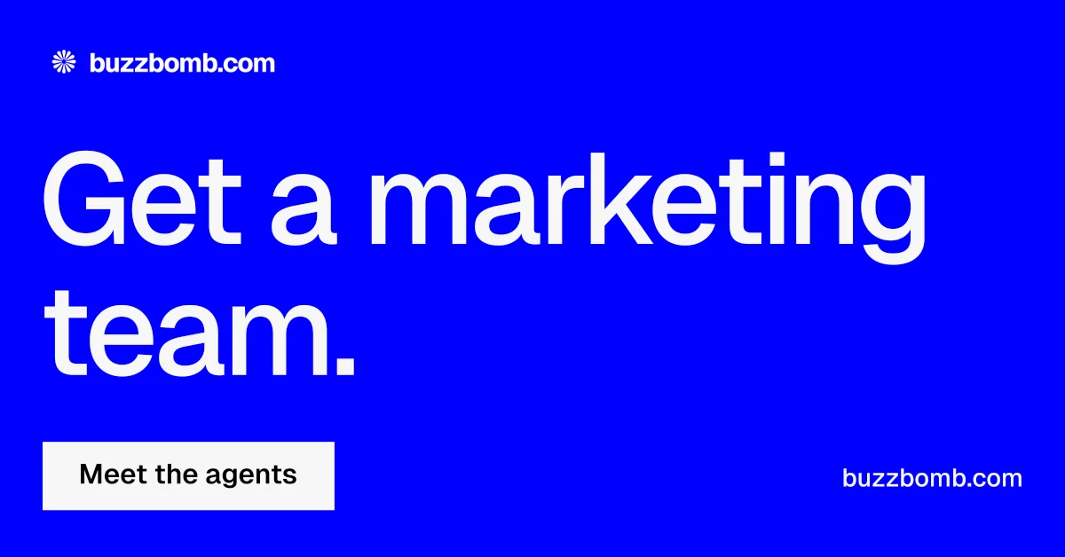 Social ad for BuzzBomb: "Get a marketing team." Swiss style, poster layout, dark palette in blue.