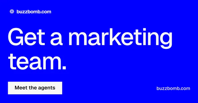 Social ad for BuzzBomb: "Get a marketing team." Swiss style, poster layout, dark palette in blue.