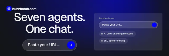 X header for BuzzBomb: "Seven agents. One chat." Agentic glass style, skeleton layout, dark palette in black, blue, grey.