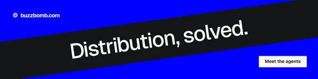LinkedIn banner for BuzzBomb: "Distribution, solved." Split block style, diagonal layout, dark palette in blue, black, grey.