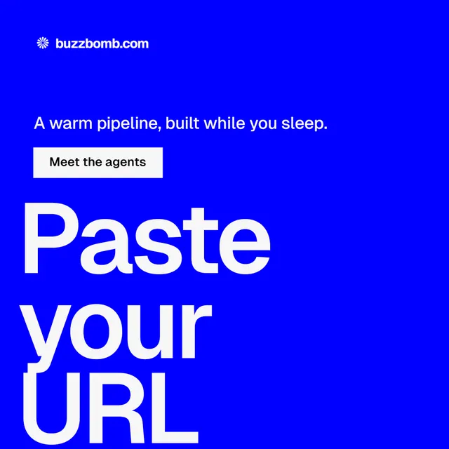 Instagram post for BuzzBomb: "Paste your URL." Split block style, oversized layout, dark palette in blue, white.