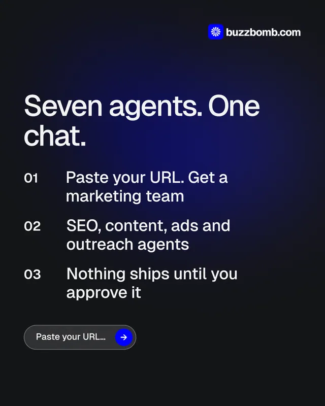Instagram portrait post for BuzzBomb: "Seven agents. One chat." Agentic glass style, numbered layout, dark palette in black, blue.