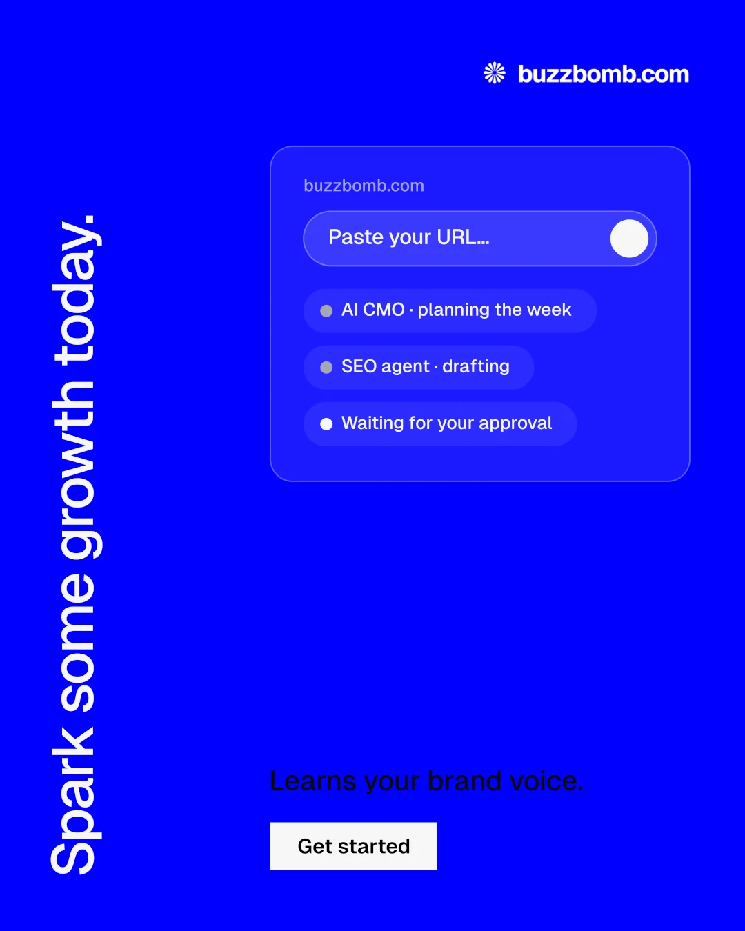 Instagram portrait post for BuzzBomb: "Spark some growth today." Split block style, vertical layout, dark palette in blue.