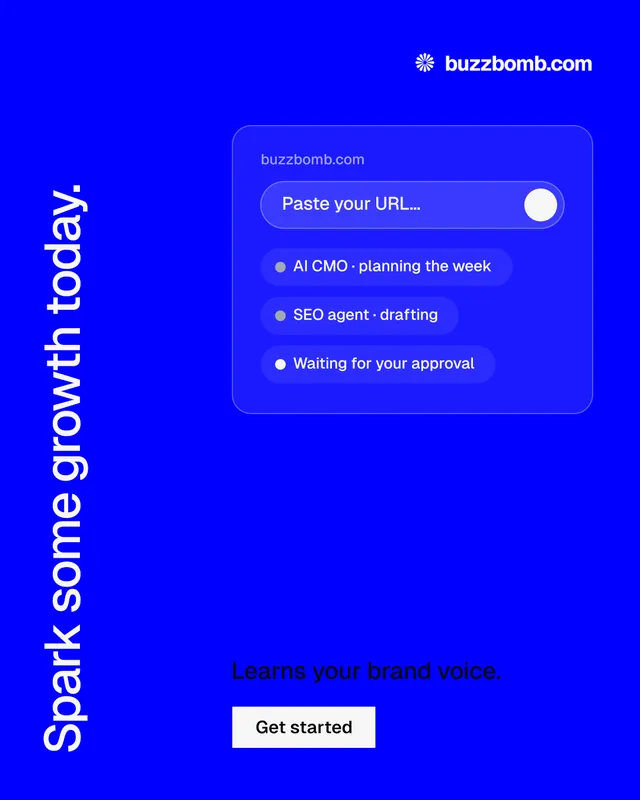 Instagram portrait post for BuzzBomb: "Spark some growth today." Split block style, vertical layout, dark palette in blue.