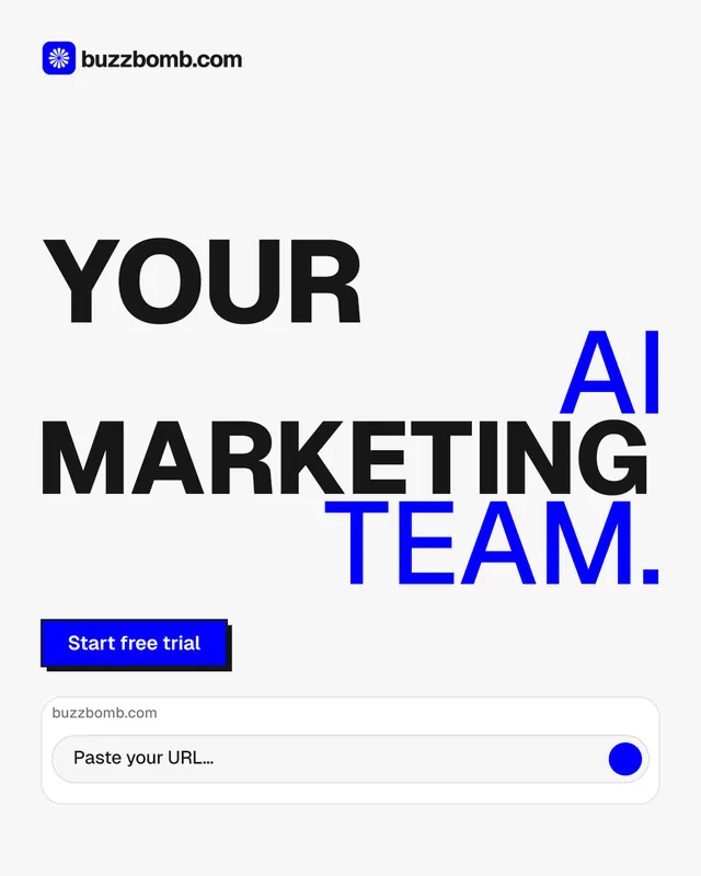 Instagram portrait post for BuzzBomb: "Your AI marketing team." Brutalist style, stacked layout, light palette in white, blue.