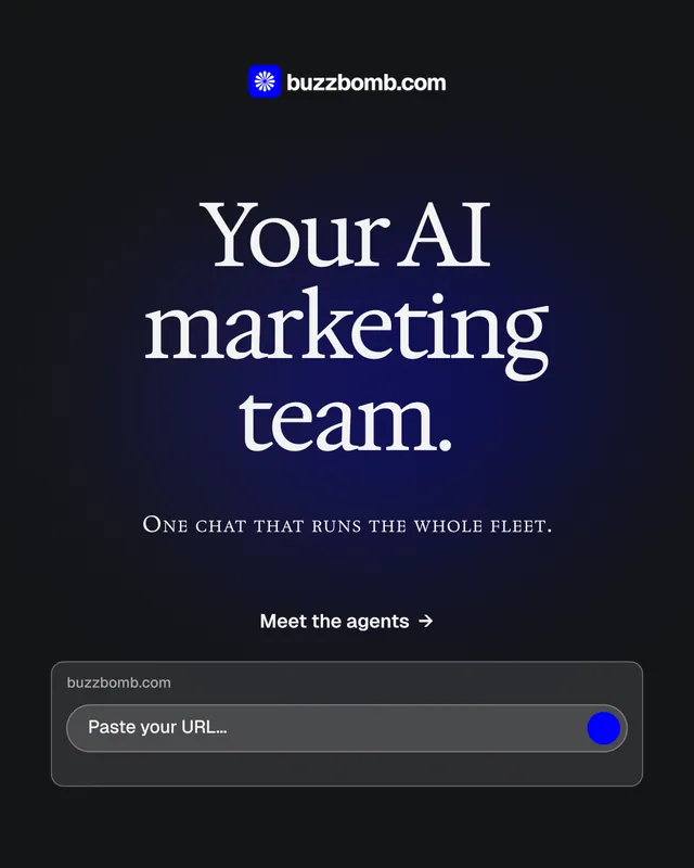 Instagram portrait post for BuzzBomb: "Your AI marketing team." Agentic glass style, smallcaps layout, dark palette in black, blue, grey.