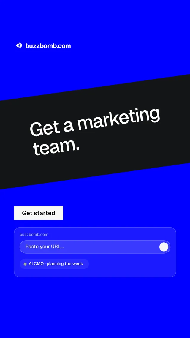 Instagram story for BuzzBomb: "Get a marketing team." Split block style, diagonal layout, dark palette in blue, black.