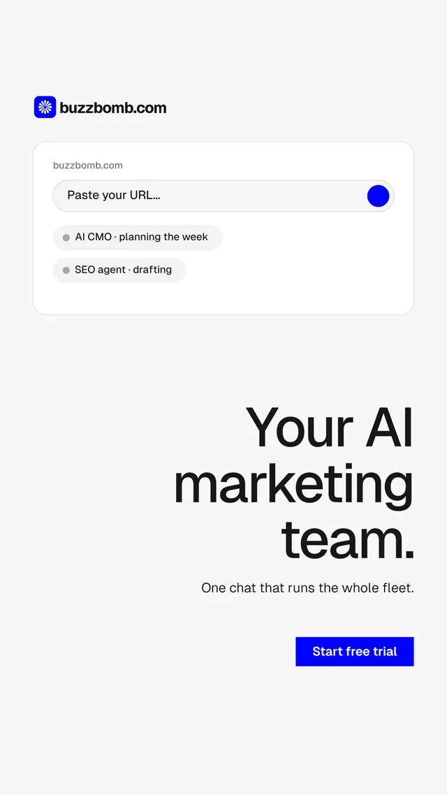 Instagram story for BuzzBomb: "Your AI marketing team." Swiss style, right layout, light palette in white.