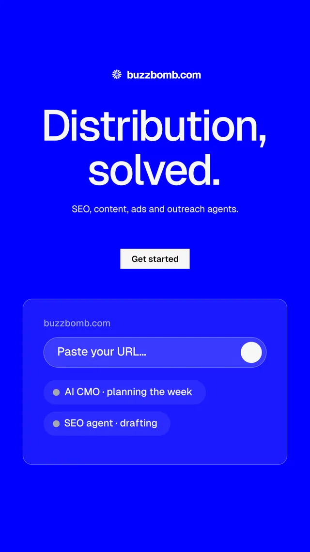 Instagram story for BuzzBomb: "Distribution, solved." Split block style, centred layout, dark palette in blue.