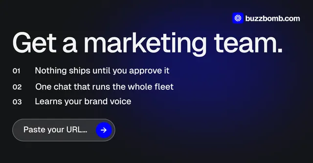 Social ad for BuzzBomb: "Get a marketing team." Agentic glass style, numbered layout, dark palette in black, blue, grey.