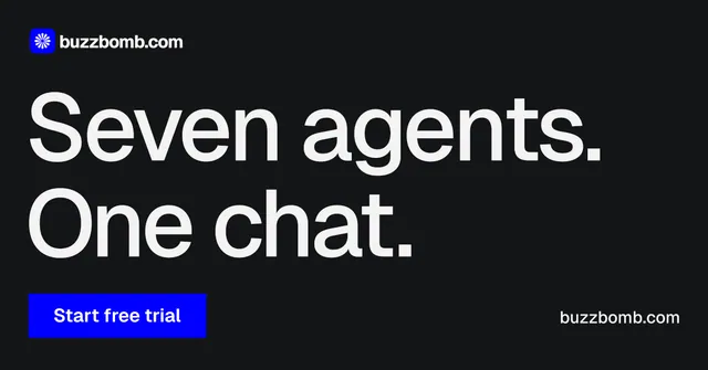 Social ad for BuzzBomb: "Seven agents. One chat." Swiss style, poster layout, dark palette in black, grey.