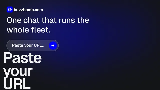 Landscape graphic for BuzzBomb: "Paste your URL." Agentic glass style, oversized layout, dark palette in black, blue, grey.