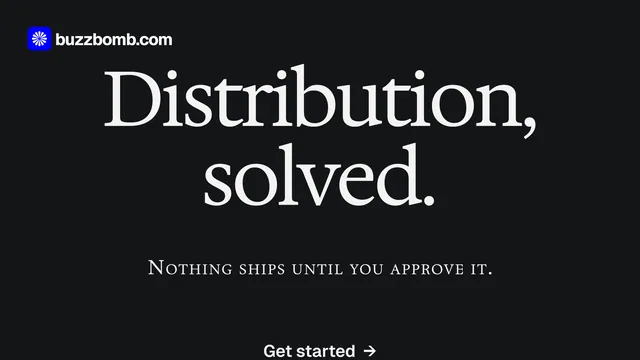 Landscape graphic for BuzzBomb: "Distribution, solved." Swiss style, smallcaps layout, dark palette in black, grey.