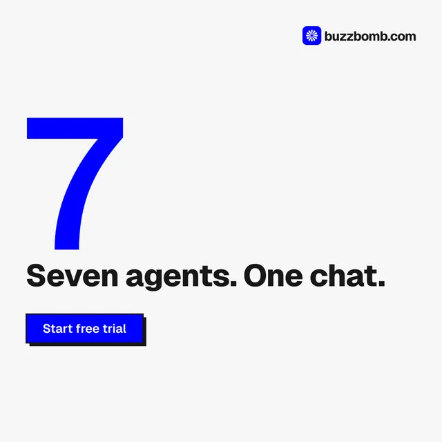 Instagram post for BuzzBomb: "Distribution, solved." Brutalist style, stat layout, light palette in white, blue.