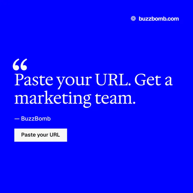 Instagram post for BuzzBomb: "Paste your URL." Swiss style, quote layout, dark palette in blue.