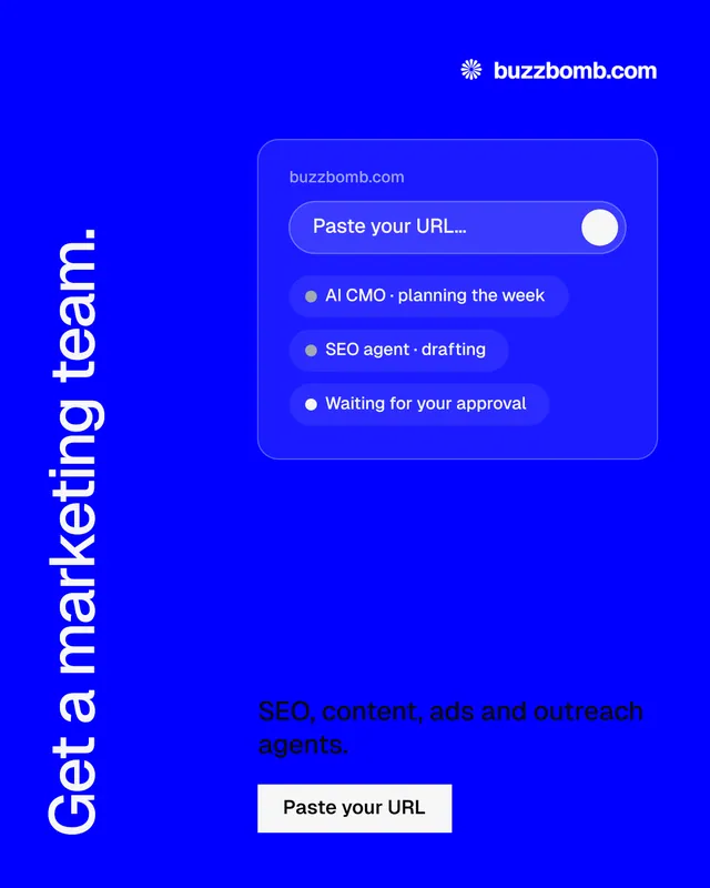 Instagram portrait post for BuzzBomb: "Get a marketing team." Split block style, vertical layout, dark palette in blue.