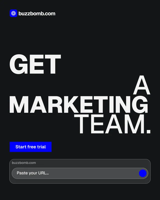 Instagram portrait post for BuzzBomb: "Get a marketing team." Brutalist style, stacked layout, dark palette in black, grey.