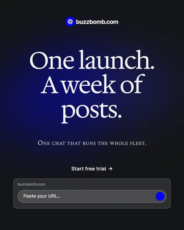 Instagram portrait post for BuzzBomb: "One launch. A week of posts." Agentic glass style, smallcaps layout, dark palette in black, blue, grey.