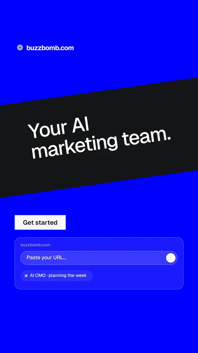 Instagram story for BuzzBomb: "Your AI marketing team." Split block style, diagonal layout, dark palette in blue, black.