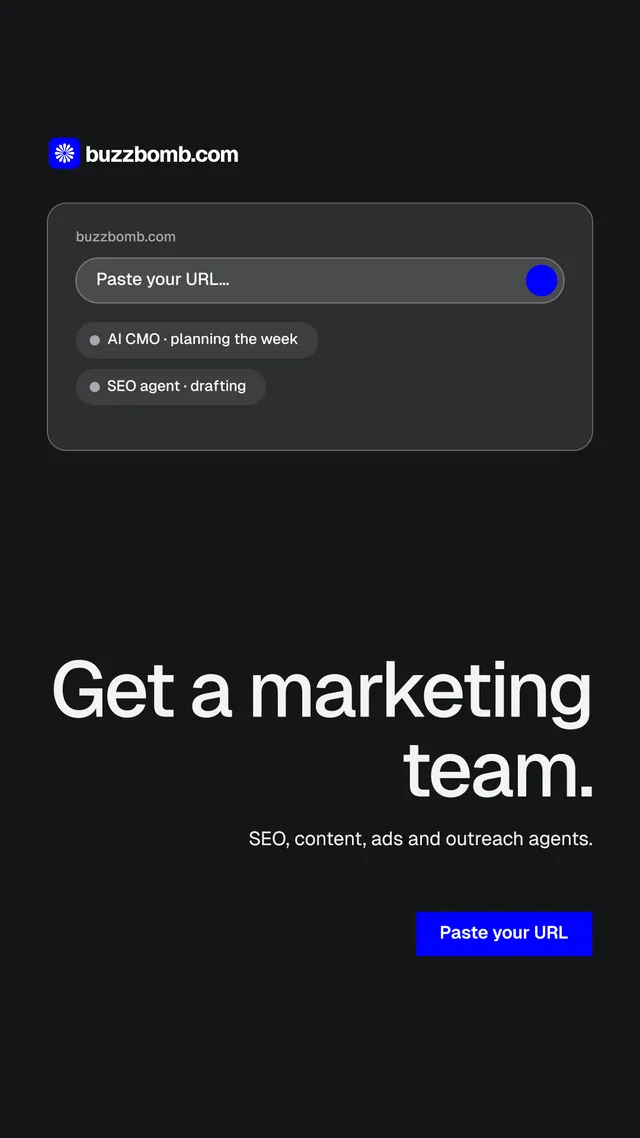 Instagram story for BuzzBomb: "Get a marketing team." Swiss style, right layout, dark palette in black.
