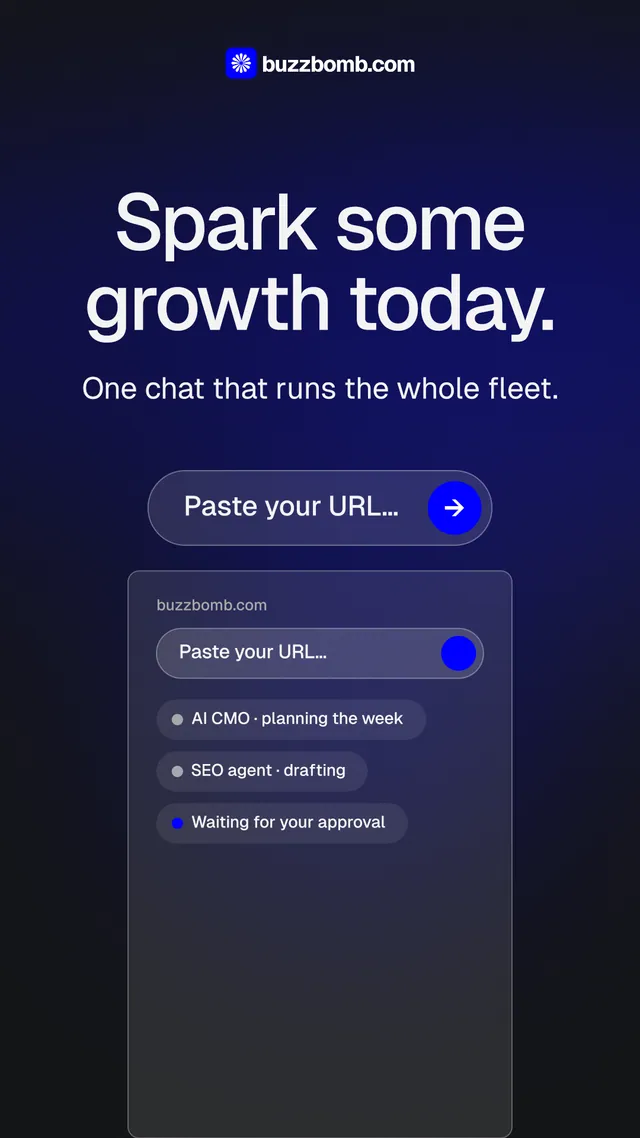 Instagram story for BuzzBomb: "Spark some growth today." Agentic glass style, skeleton layout, dark palette in black, blue.
