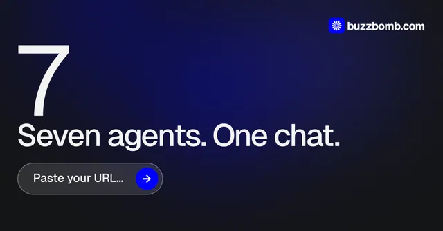 Social ad for BuzzBomb: "One launch. A week of posts." Agentic glass style, stat layout, dark palette in black, blue, grey.