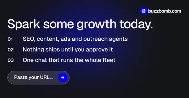 Social ad for BuzzBomb: "Spark some growth today." Agentic glass style, numbered layout, dark palette in black, blue, grey.