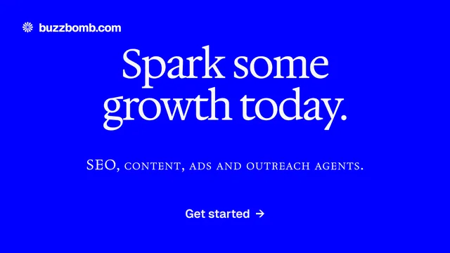 Landscape graphic for BuzzBomb: "Spark some growth today." Swiss style, smallcaps layout, dark palette in blue.