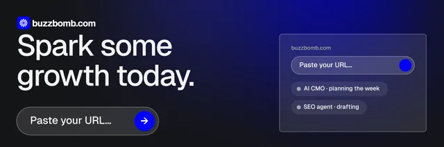 X header for BuzzBomb: "Spark some growth today." Agentic glass style, skeleton layout, dark palette in black, blue, grey.