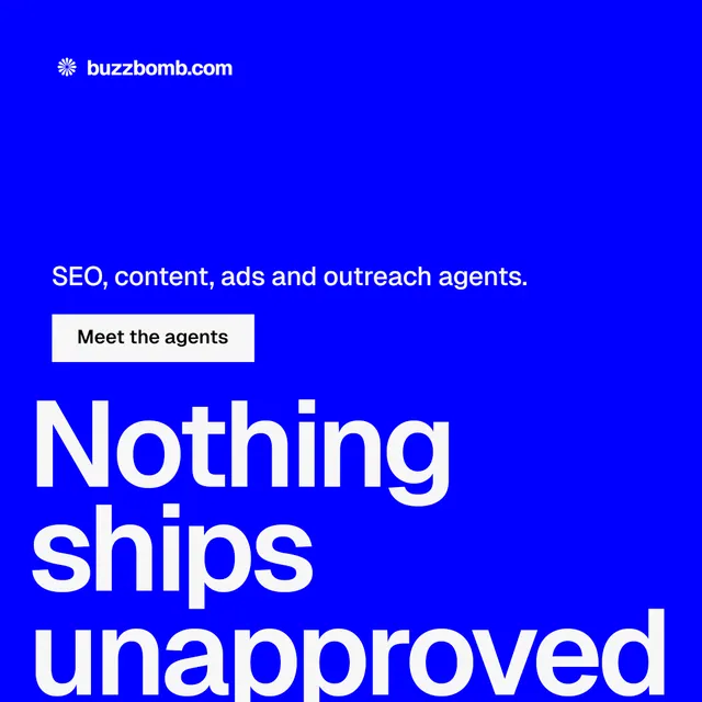 Instagram post for BuzzBomb: "Spark some growth today." Split block style, oversized layout, dark palette in blue, white.