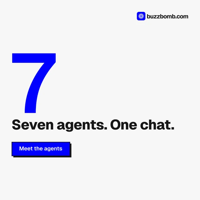 Instagram post for BuzzBomb: "Get a marketing team." Brutalist style, stat layout, light palette in white, blue.