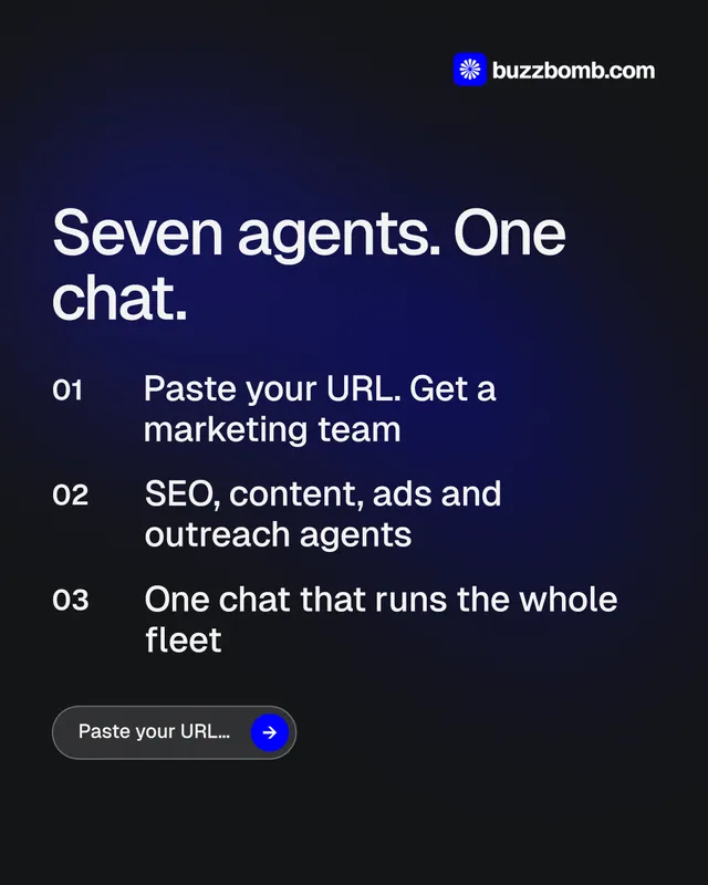 Instagram portrait post for BuzzBomb: "Seven agents. One chat." Agentic glass style, numbered layout, dark palette in black, blue, grey.