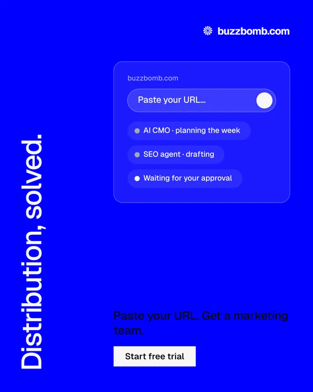 Instagram portrait post for BuzzBomb: "Distribution, solved." Split block style, vertical layout, dark palette in blue.
