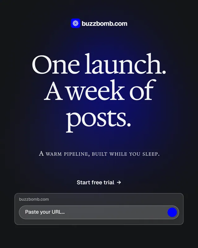 Instagram portrait post for BuzzBomb: "One launch. A week of posts." Agentic glass style, smallcaps layout, dark palette in black, blue, grey.
