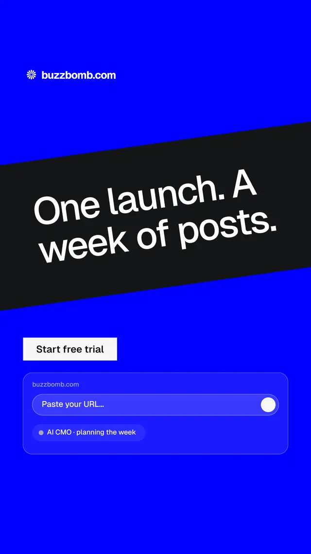 Instagram story for BuzzBomb: "One launch. A week of posts." Split block style, diagonal layout, dark palette in blue.