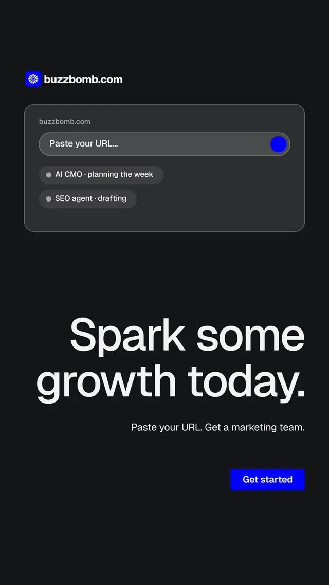 Instagram story for BuzzBomb: "Spark some growth today." Swiss style, right layout, dark palette in black, grey, blue.