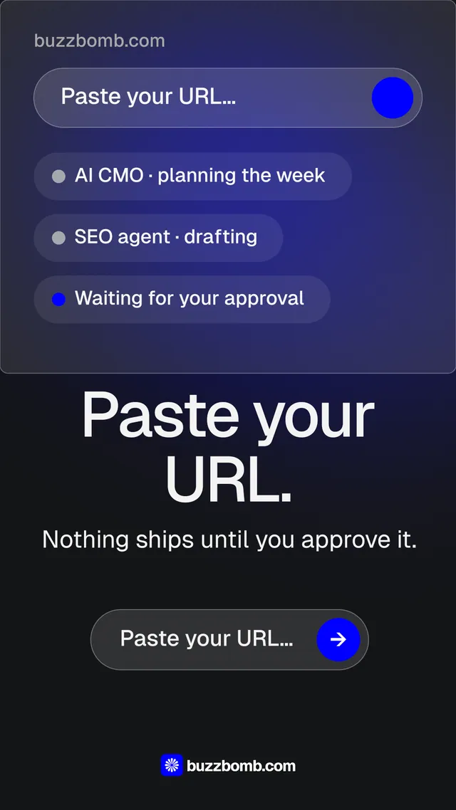 Instagram story for BuzzBomb: "Paste your URL." Agentic glass style, skeleton layout, dark palette in black, blue, grey.