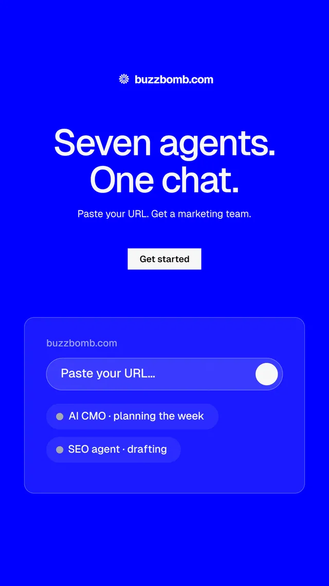 Instagram story for BuzzBomb: "Seven agents. One chat." Split block style, centred layout, dark palette in blue.